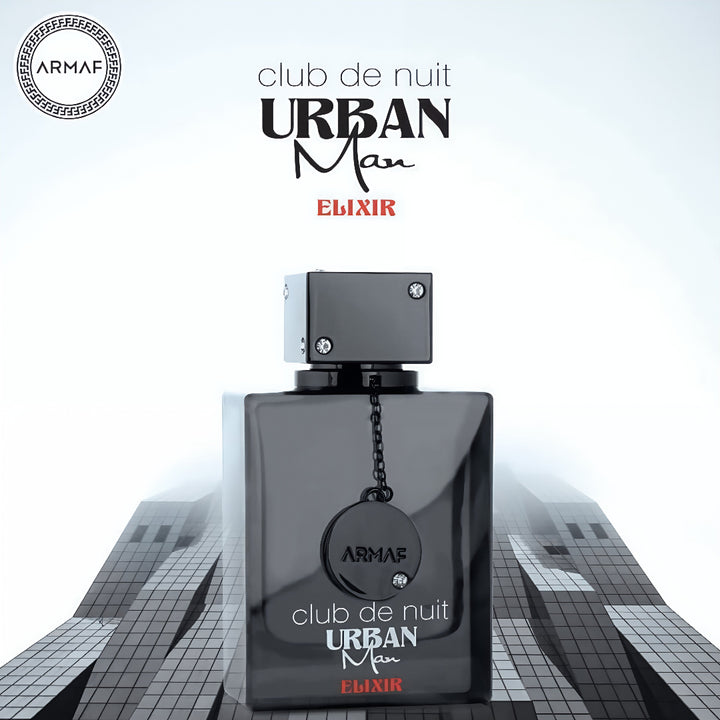 Perfume bottle labeled 'Armaf Club de Nuit Urban Man Elixir' with cityscape background