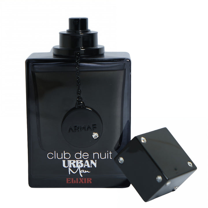 Black perfume bottle labeled 'Armaf Club de Nuit Urban Man Elixir' on a white background