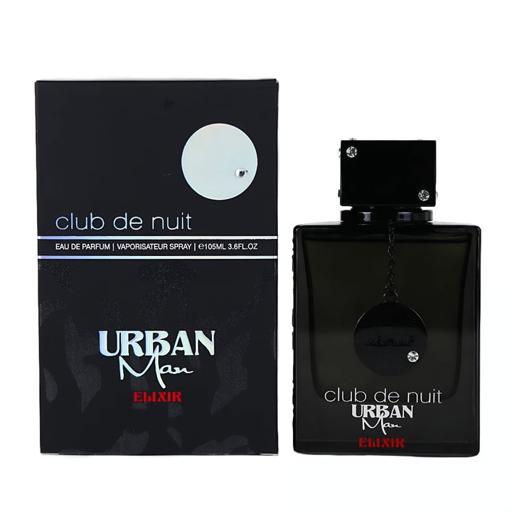 Black perfume bottle and packaging of 'Urban Man Club de Nuit' on a white background