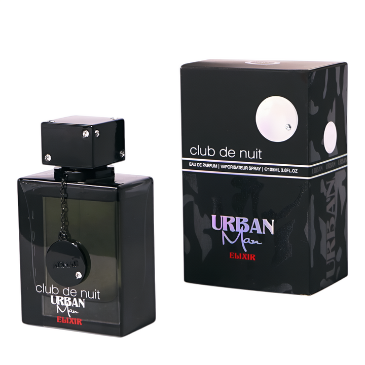 Black perfume bottle and packaging labeled 'Urban Man Elixir' on a white background