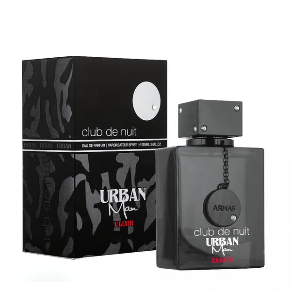 Urban Man EdP perfume bottle and packaging on a white background Club De Nuit Urban Elixir Armaf for men