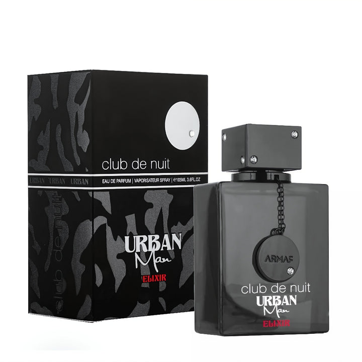Urban Man EdP perfume bottle and packaging on a white background Club De Nuit Urban Elixir Armaf for men