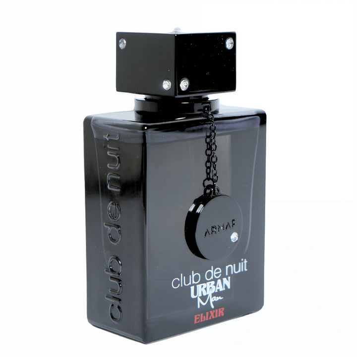 Black perfume bottle labeled 'club de nuit Urban Man Elixir' on a white background