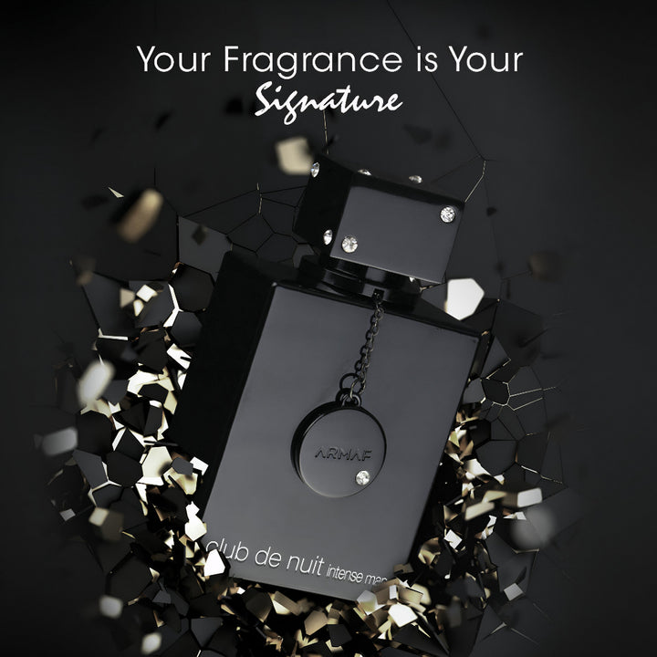Black Armaf perfume bottle with geometric design elements on a dark background
