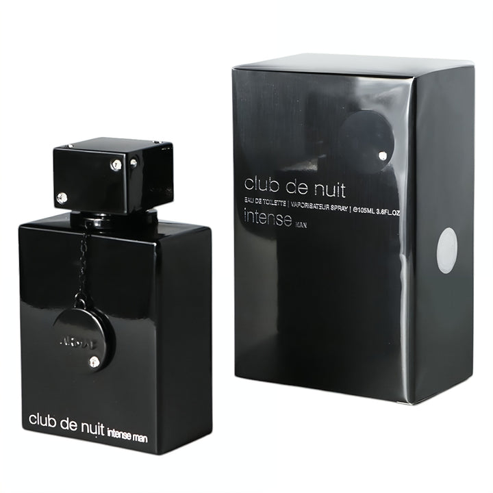 Black perfume bottle and packaging labeled 'club de nuit intense' on a white background