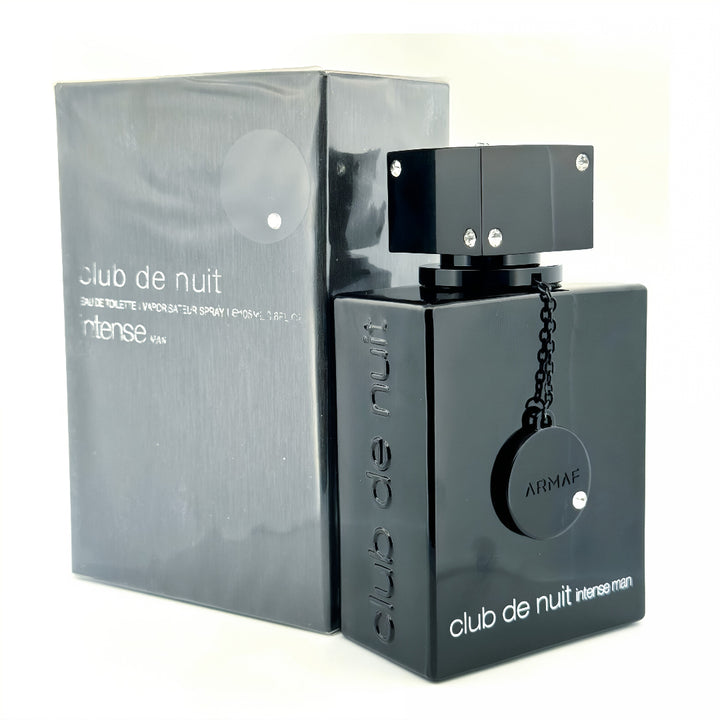 Black Armaf Club de Nuit intense men's perfume bottle and packaging on a white background