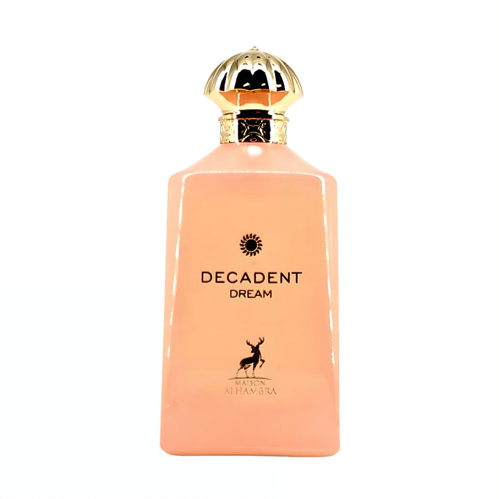 Perfume bottle labeled 'Decadent Dream' with a gold cap on a white background