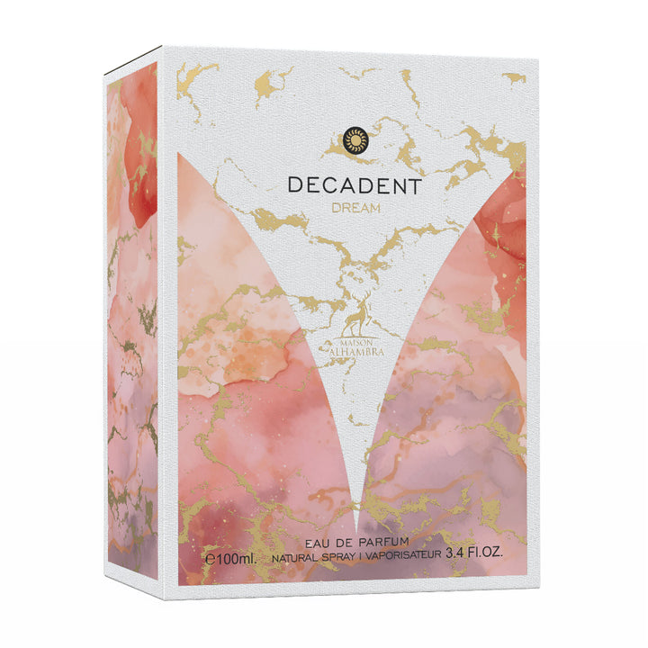 Decadent Dream perfume packaging with pink and gold design