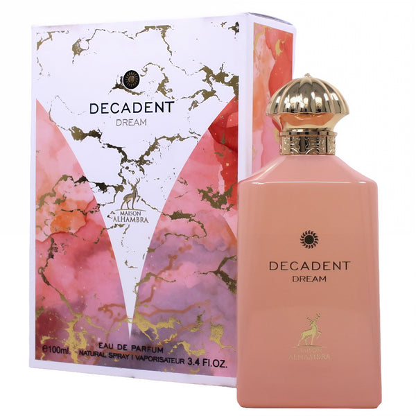 Decadent Dream perfume bottle and packaging with a world map design.