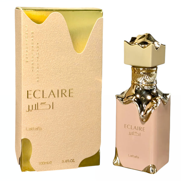 Eclaire perfume bottle and packaging on a white background