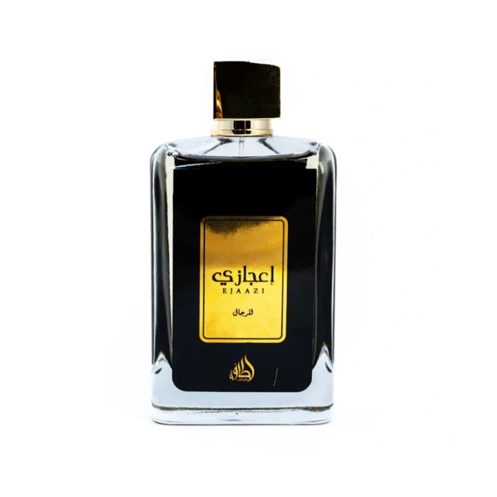 Perfume bottle with black and gold design on a white background