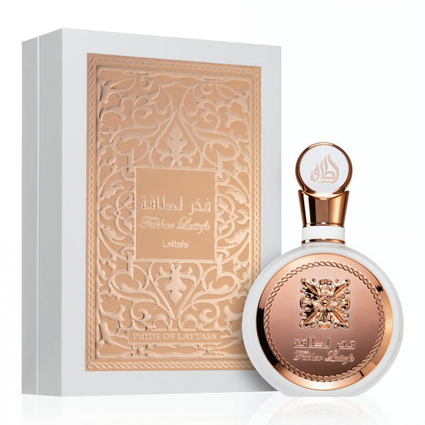 Perfume bottle and packaging with intricate design on a white background Fakhar Rose Gold 100ml EDP Lattafa Perfume for Women Original