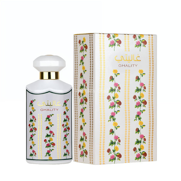 Perfume bottle and packaging with floral design on a white background Ghality 100ml EDP – Women’s Flora Bloom Perfume by Ard Al Zaafaran
