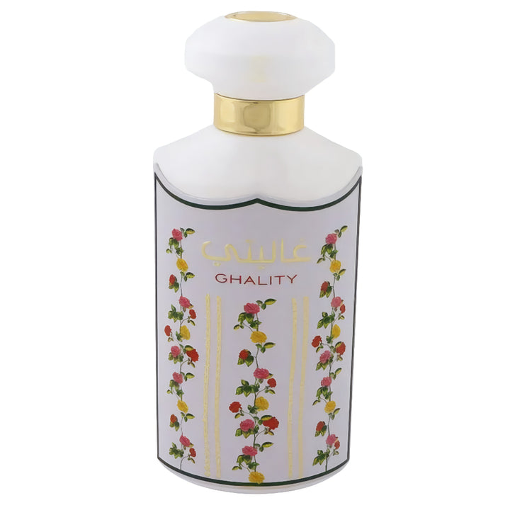 Perfume bottle with floral design and 'Ghality' branding on a white background