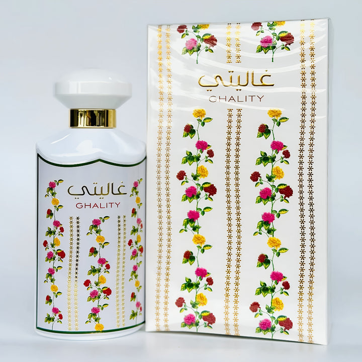 Ghality perfume bottle and packaging with floral design on a white background