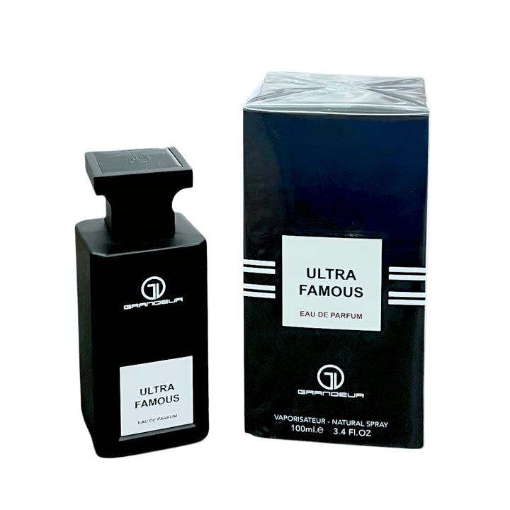 Perfume bottle and packaging of Ultra Famous Eau de Parfum on a white background