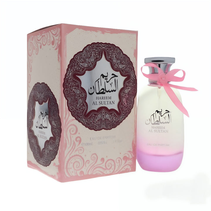 Perfume bottle and packaging with 'Hareem Al Sultan' branding on a white background