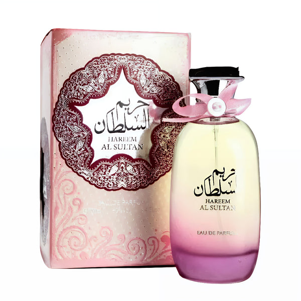 Perfume bottle and packaging of Hareem Al Sultan on a white background