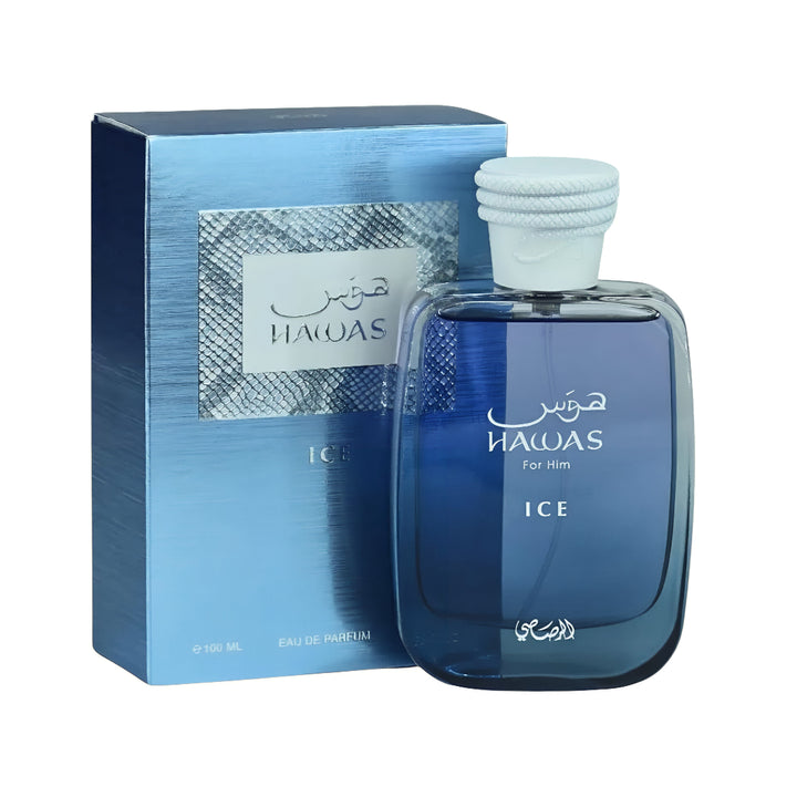 Hawas Ice for Him Rasasi for men
 perfume bottle with packaging on a white background