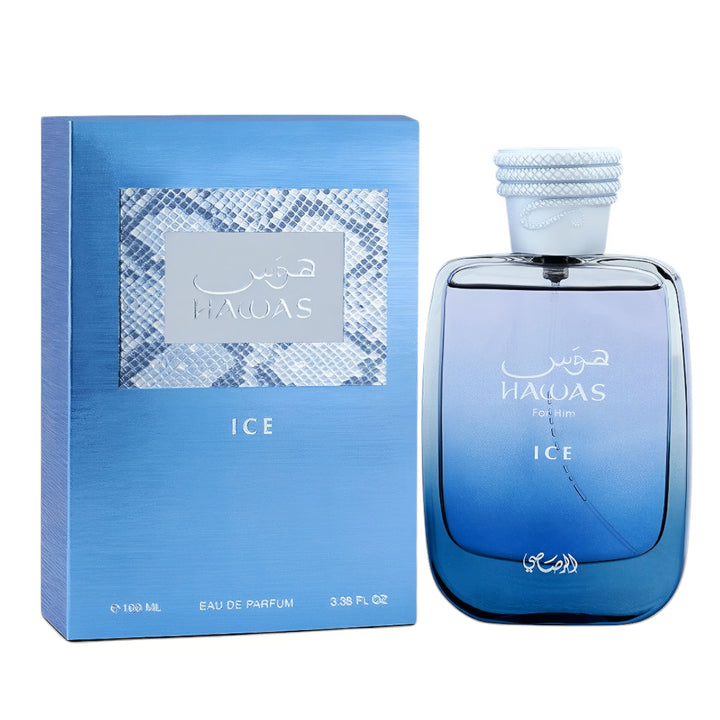 Hawas Ice for Him Rasasi for men
 bottle and packaging on a white background