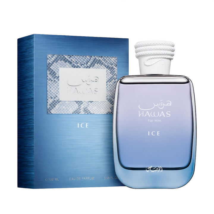 Hawas Ice for Him Rasasi for men
 Ice perfume bottle and packaging on a white background