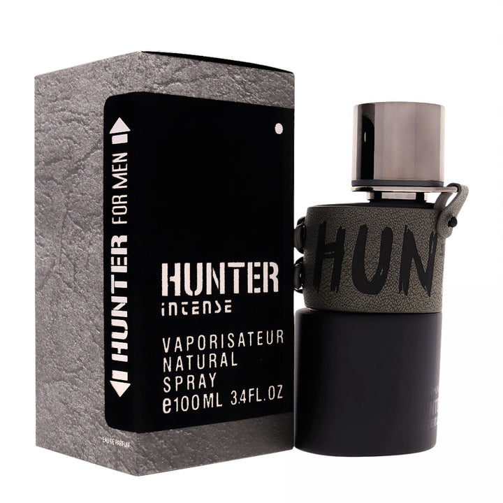 Perfume bottle and packaging with 'HUN' branding on a white background Hunter Intense Armaf for men

