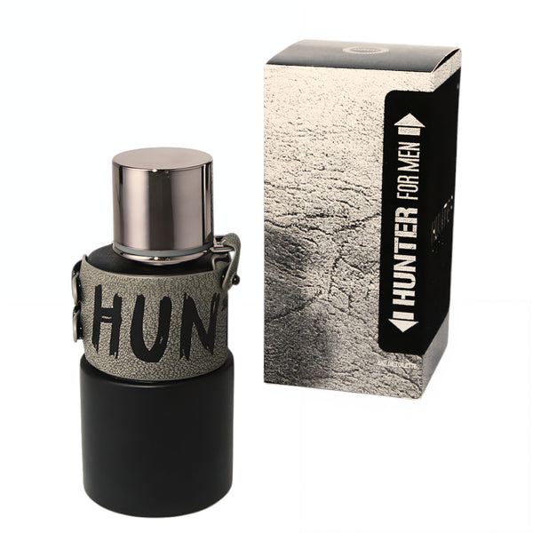 Black perfume bottle with silver cap and 'HUNTER' branding next to its packaging on a white background Hunter Intense Armaf for men
