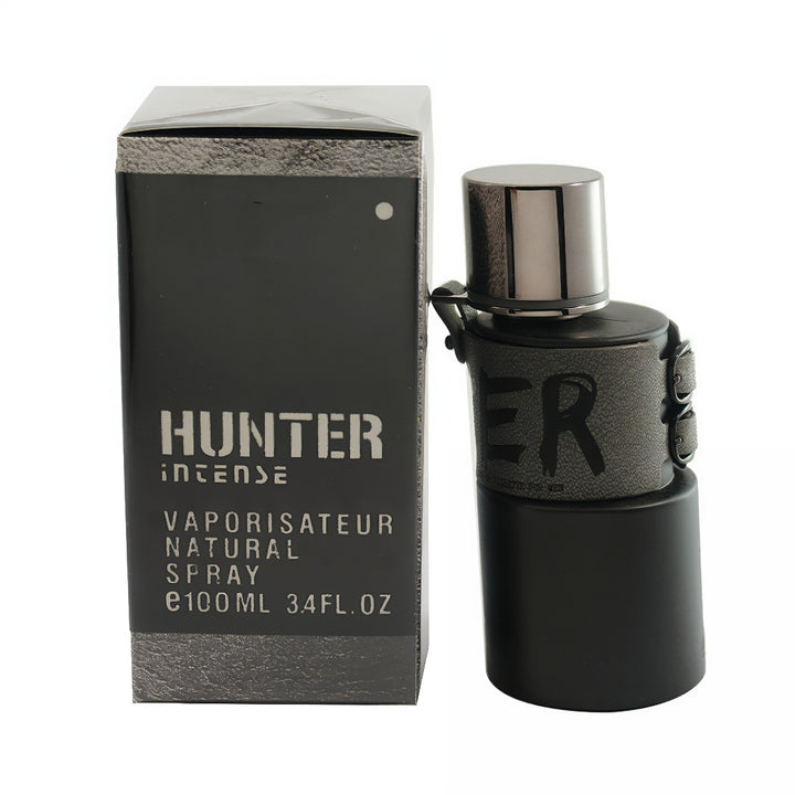 Black perfume bottle with silver cap and 'HUNTER' branding next to its packaging on a white background