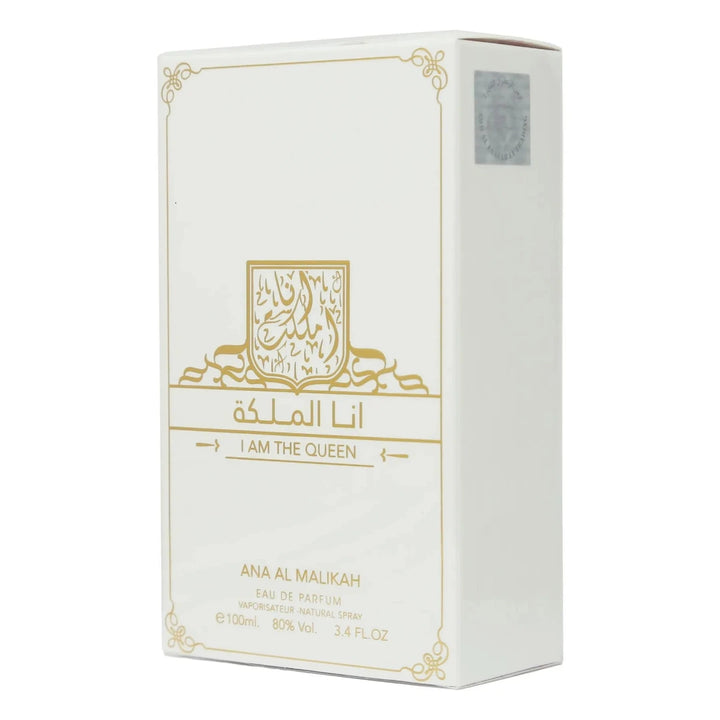 White box of Ana Al Malikah perfume with gold text and design on a white background