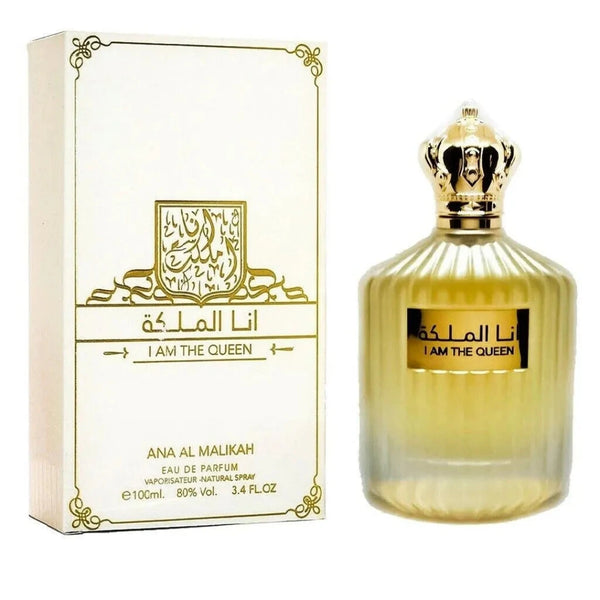 Perfume bottle and packaging of 'I Am the Queen' by Ana Al Malikah on a white background