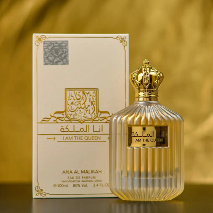 Perfume bottle and packaging of 'I Am The Queen' by Ana Al Malikah on a gold background