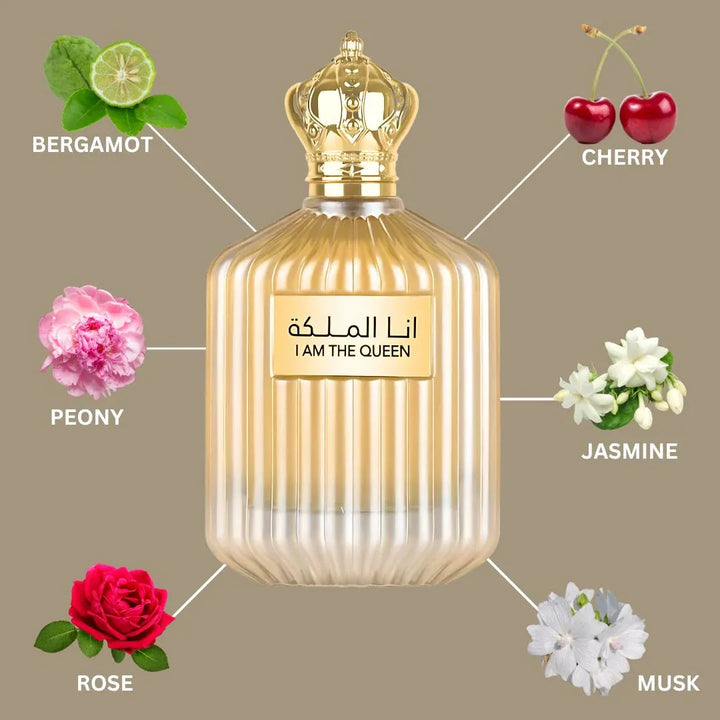 Perfume bottle labeled 'I AM THE QUEEN' with floral elements and their names on a beige background