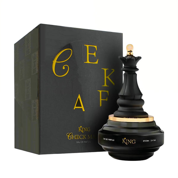 Black and gold chess piece-shaped perfume bottle with packaging on a white background King Armaf for men 100ml EDP