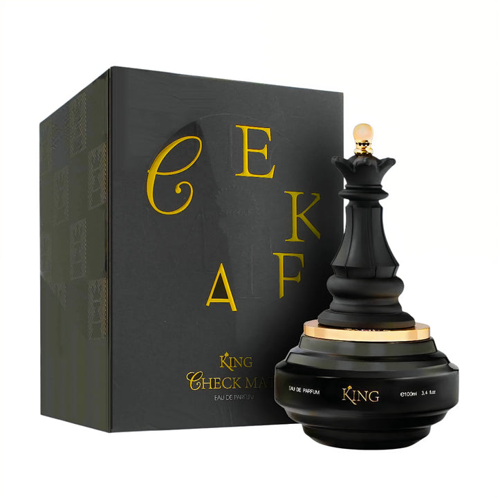 Black and gold chess piece-shaped perfume bottle with packaging on a white background King Armaf for men 100ml EDP