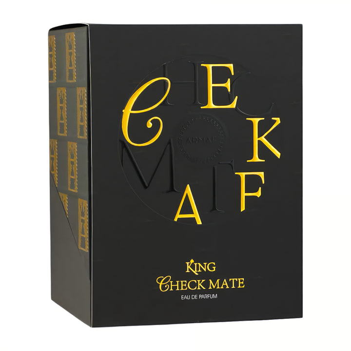 Black box with gold text featuring 'King Check Mate' perfume  King Armaf for men 100ml EDP