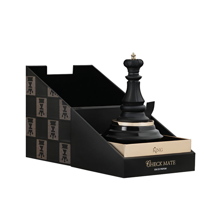 Black chess piece with packaging labeled 'King Check Mate' on a white background  King Armaf for men 100ml EDP