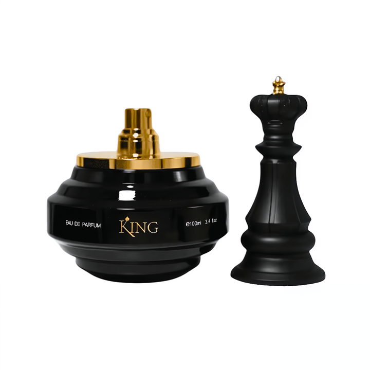 Black perfume bottle with gold cap and 'KING' branding on a white background  King Armaf for men 100ml EDP