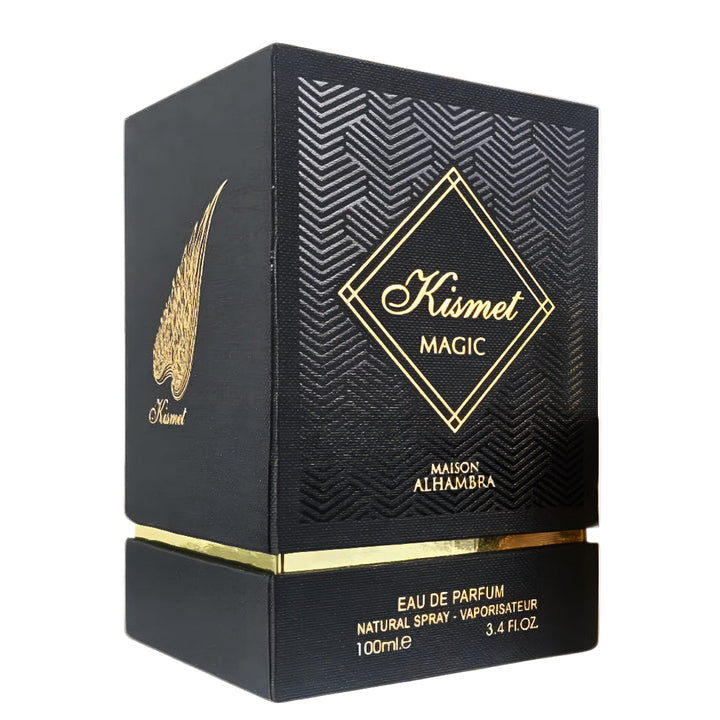 Black and gold perfume box with 'Kismet Magic' branding on a white background