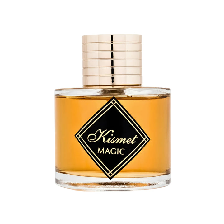 Perfume bottle labeled 'Kismet Magic' on a white background