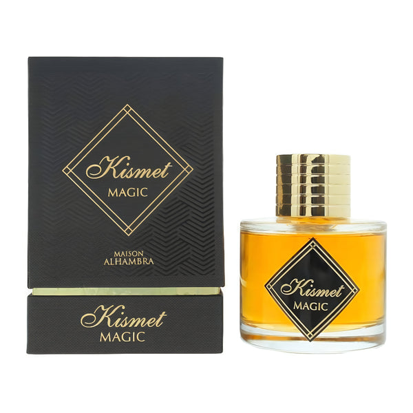 Perfume bottle and packaging of 'Kismet Magic' by Maison Alhambra on a white background