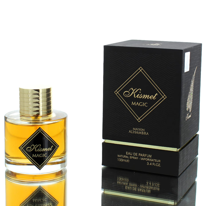 Perfume bottle and packaging of Kismet Magic by Maison Alhambra on a white background