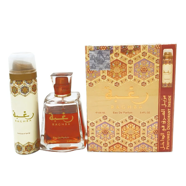 Rachaa perfume set with two bottles and a box on a white background