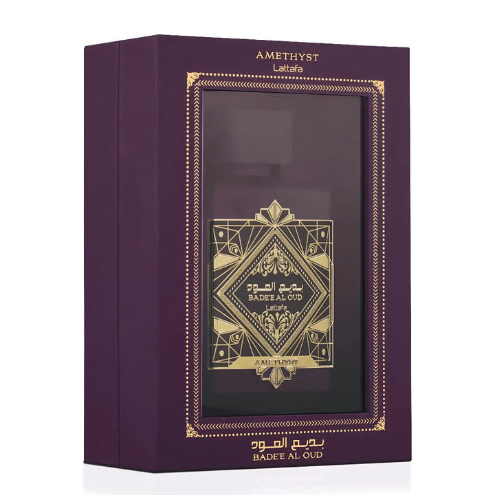 Purple and gold box with decorative design and text on a white background Bade'e Al Oud Amethyst Lattafa Perfumes for women and men
