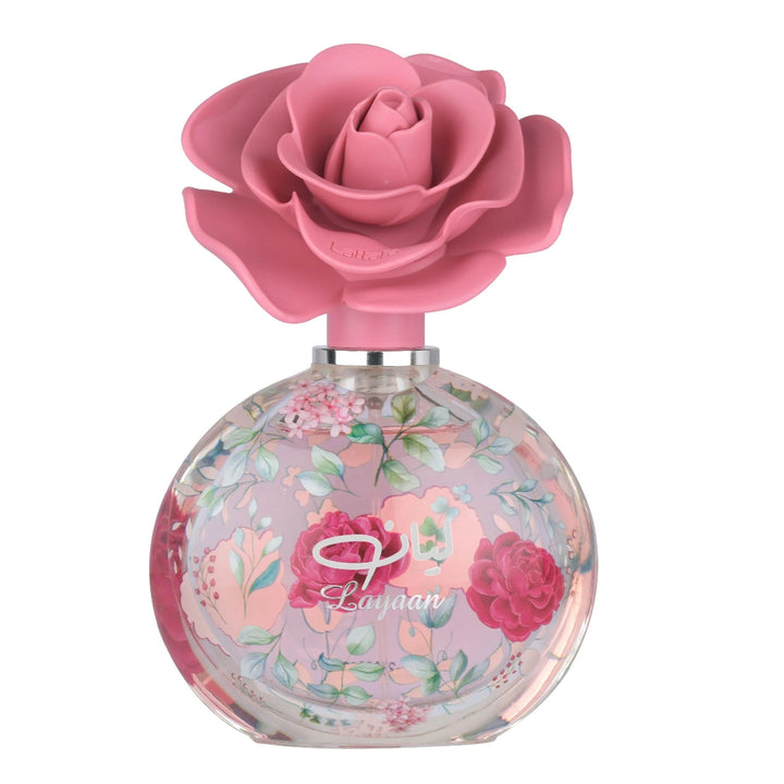 Perfume bottle with pink rose design on a white background