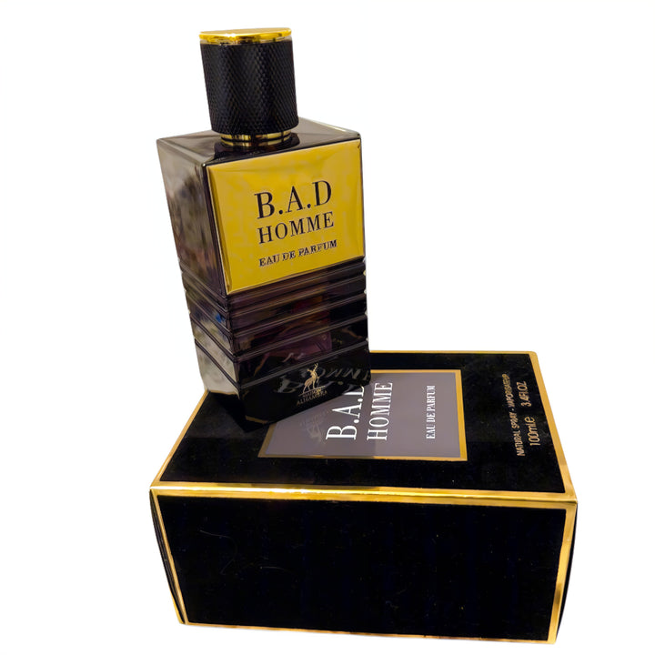 B.A.D Homme perfume bottle with packaging on a white background