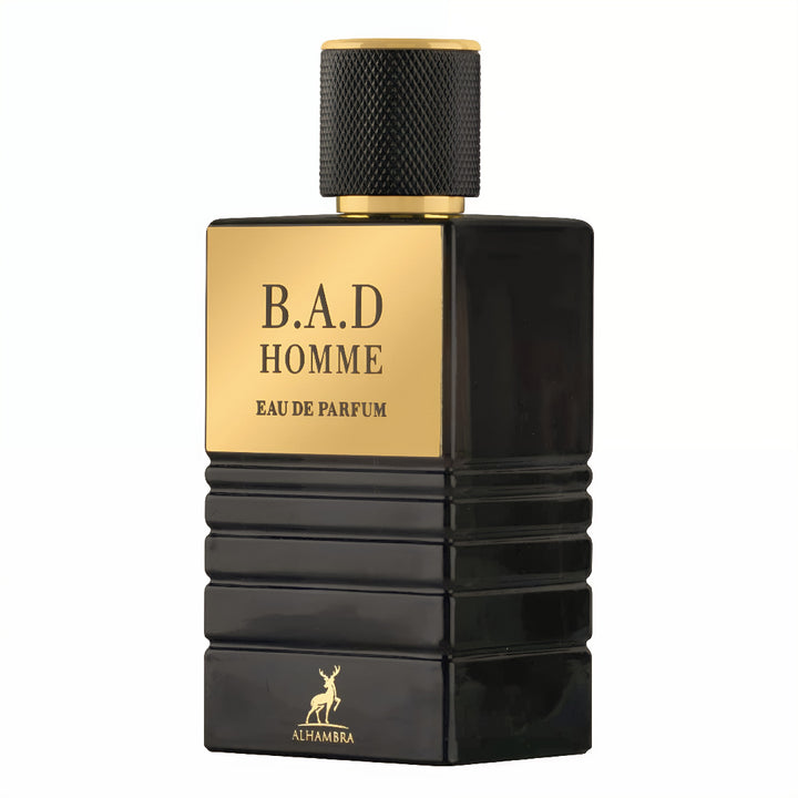 Black and gold B.A.D Homme Eau de Parfum bottle on a white background