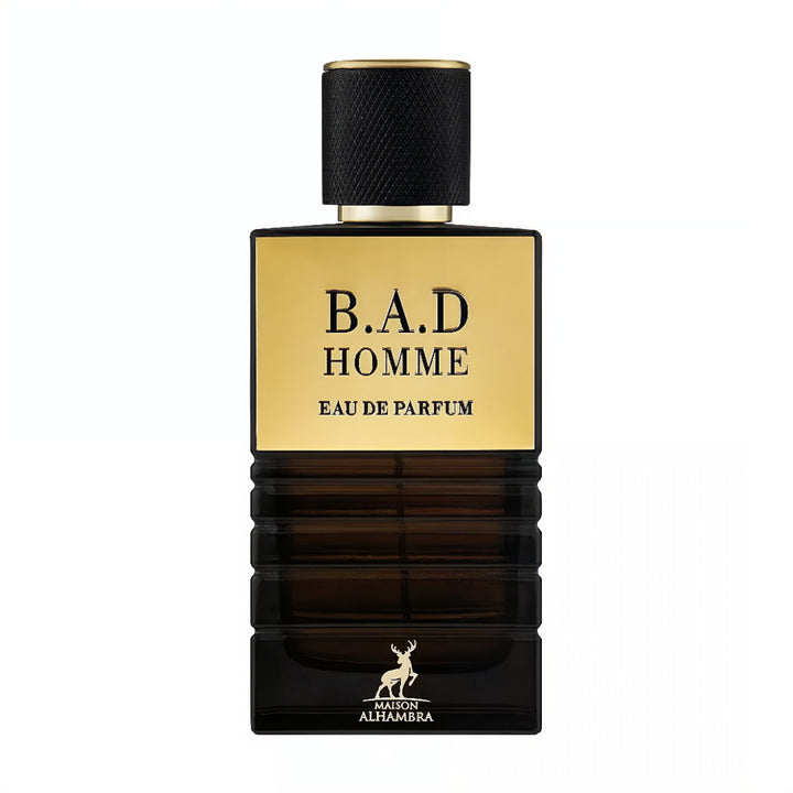 B.A.D Homme Eau de Parfum bottle with gold label on a white background