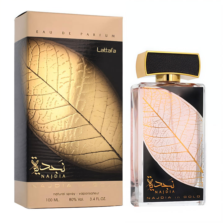 Lattafa Najdia perfume bottle and packaging with leaf design on a white background