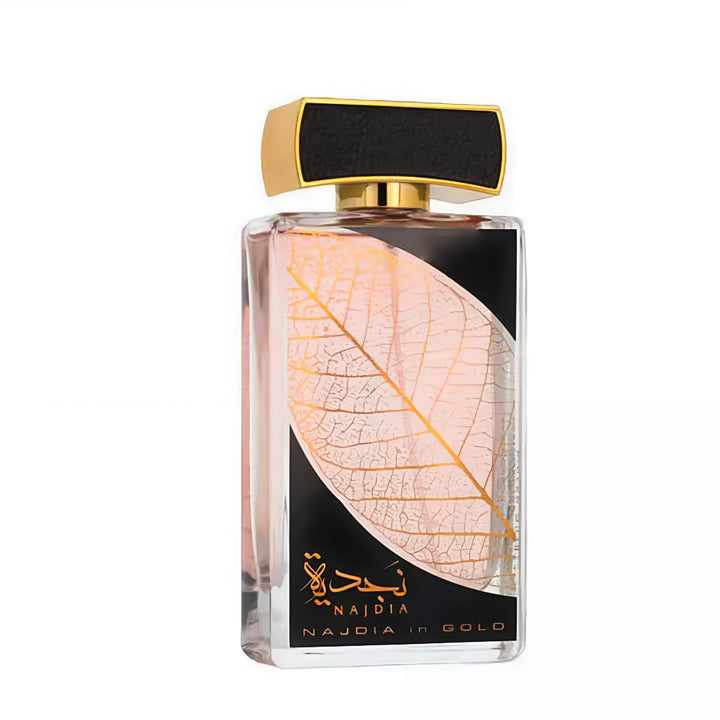 Perfume bottle with leaf design and 'Najdia' branding on a white background