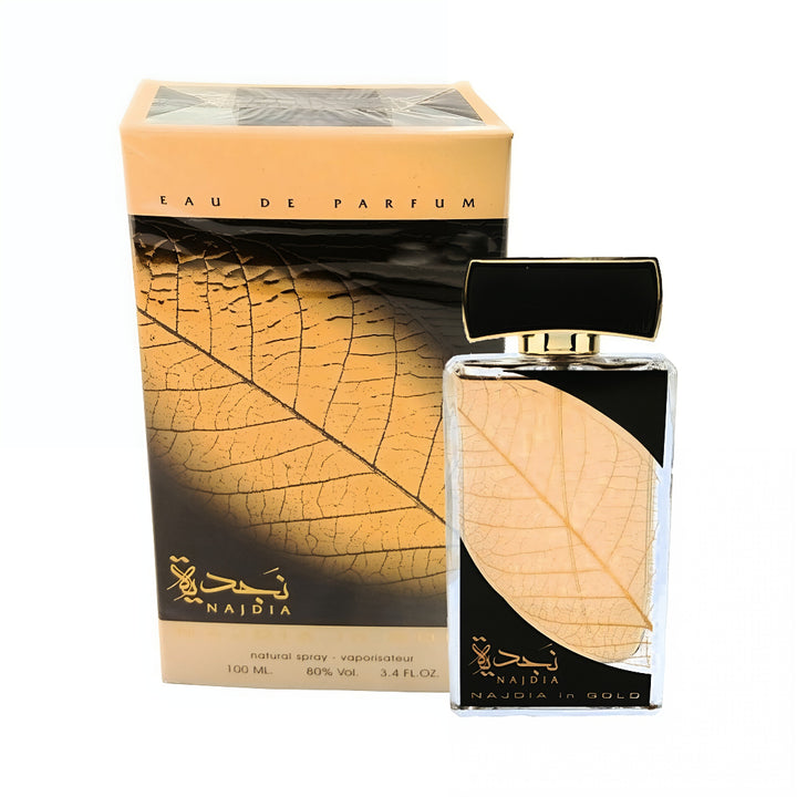 Najdia Eau de Parfum bottle and packaging with leaf design on a white background